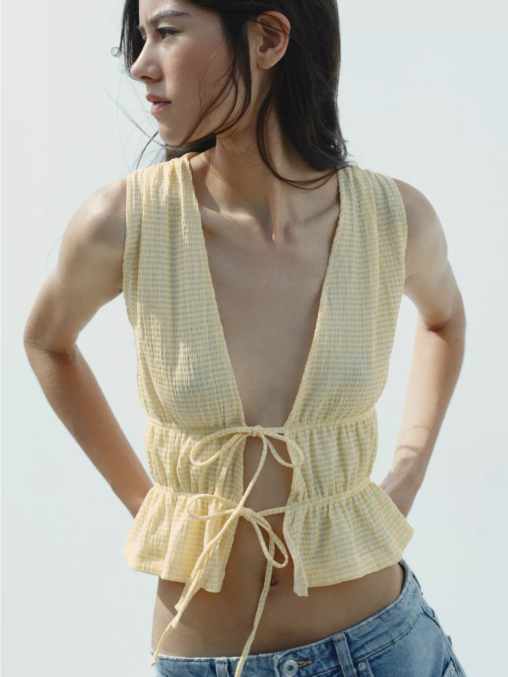 Zara Pale Yellow Tie-Front Peplum Cover-Up Top